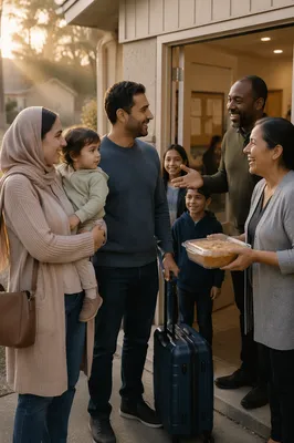 Family Welcomed Outside Neighborhood Church Hall