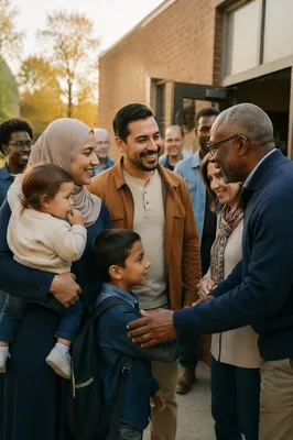 Family Welcomed Outside Brick Community Hall