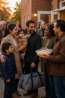 Family Welcomed by Neighbors Outside Church