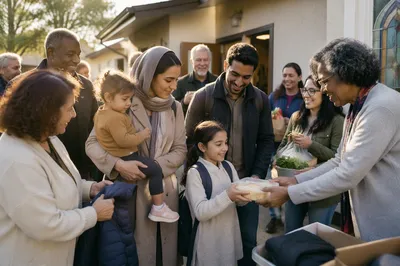Family Welcomed Outside Neighborhood Church Hall