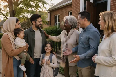 Family Welcomed Outside Brick Neighborhood Church