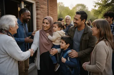 Family Welcomed Outside Community Hall