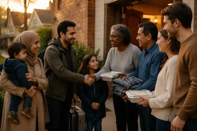 Family Welcomed Outside Neighborhood Church Hall