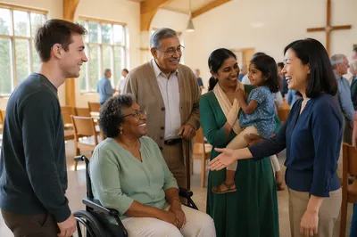 Diverse Church Gathering in Bright Hall
