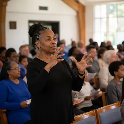 Sign Language Interpreter in Bright Worship Hall
