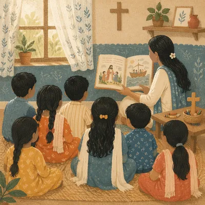 Indian Children Listening to Bible Stories