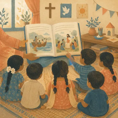 Indian Children Listening to Bible Stories