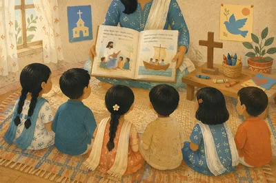 Indian Children Listening to Bible Stories