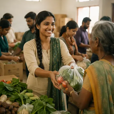 Young Woman Offering Produce at Food Table