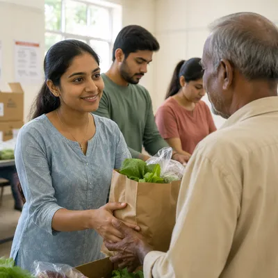 Woman Donating Groceries at Community Center