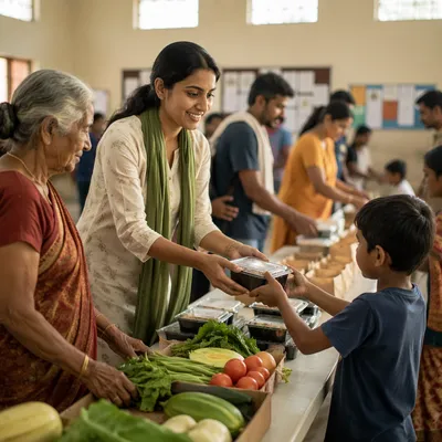 Indian Woman Serving Meals at Community Center