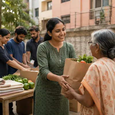 Woman Delivering Groceries in Apartment Courtyard