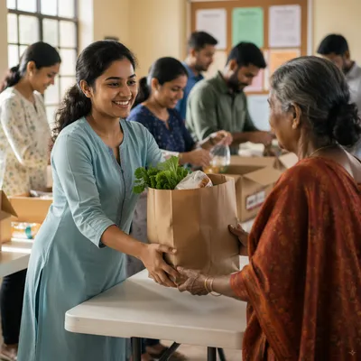 Young Woman Distributing Groceries at Community Center
