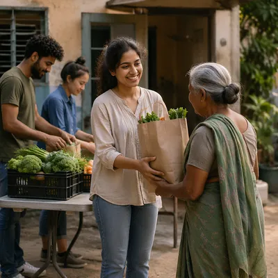Woman Distributing Groceries at Community Center