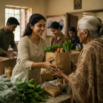 Young Woman Volunteering at Food Donation Table