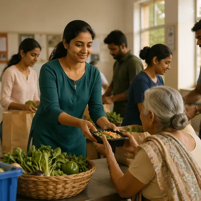 Young Woman Serving Meal at Community Kitchen