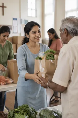 Volunteer Giving Grocery Bag at Community Center