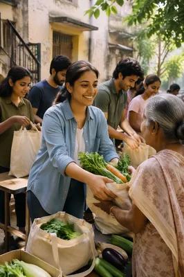 Young Woman Sharing Vegetables with Neighbors