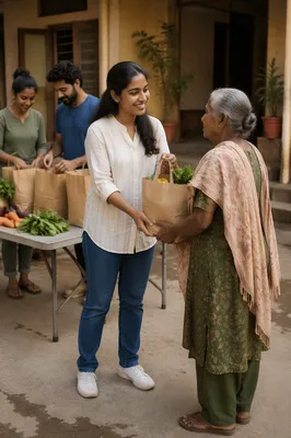 Woman Distributing Groceries at Community Courtyard