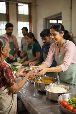 Young Woman Serving Food at Community Kitchen