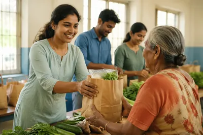 Young Woman Volunteering at Food Table