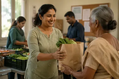 Woman Giving Groceries at Community Center