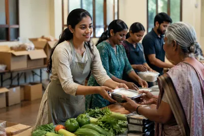 Indian Woman Serving Food at Community Kitchen
