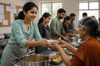 Young Woman Serving Food at Community Kitchen