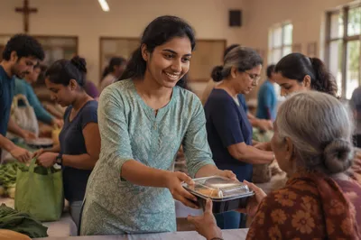 Young Woman Serving Meal at Community Kitchen