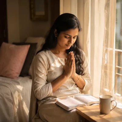 Young Woman Praying by Sunlit Window