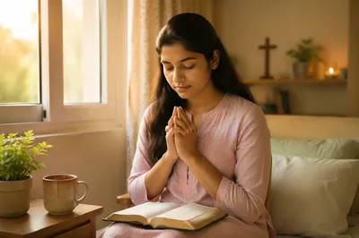 Young Woman Praying by Sunlit Window