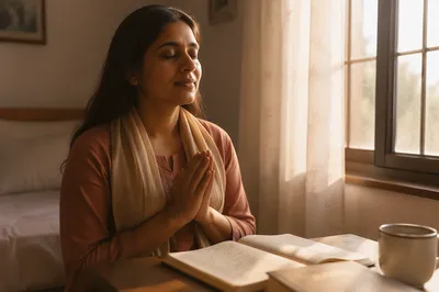 Indian Woman Praying by Sunlit Window