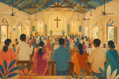 Indian Church Congregation in Sunlit Chapel