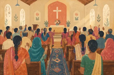 Indian Congregation Worshipping in Sunlit Chapel