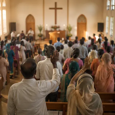 Indian Church Congregation in Sunlit Chapel