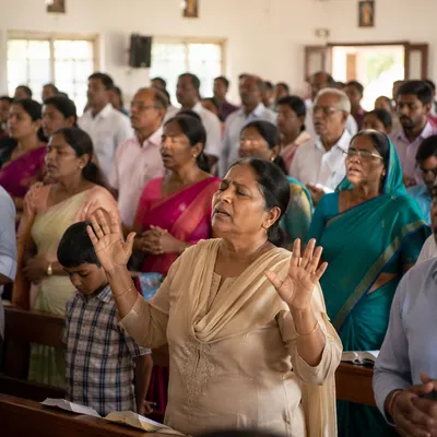 Indian Church Congregation in Sunlit Hall