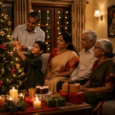 Indian Family Around Christmas Tree Indoors