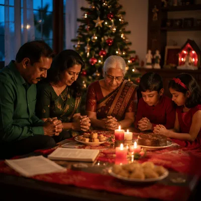 Indian Family Praying by Christmas Tree