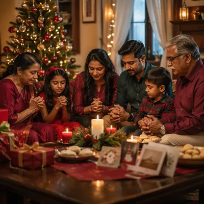Indian Family Praying by Christmas Tree