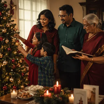 Indian Family Decorating Christmas Tree Together