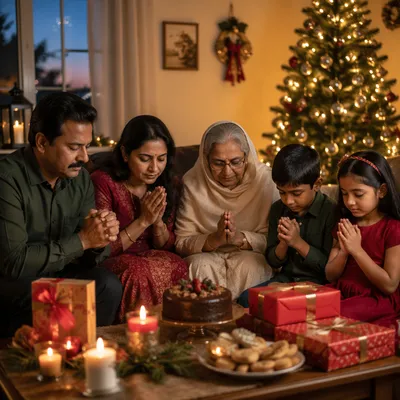Indian Family Praying at Christmas Tree