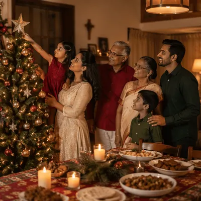 Indian Family Decorating Christmas Tree Indoors