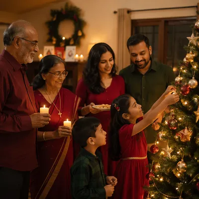 Indian Family Decorating Christmas Tree Indoors