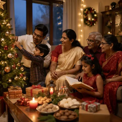 Indian Family Decorating Christmas Tree Indoors