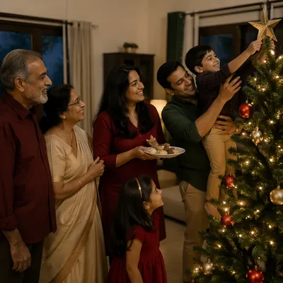 Indian Family Decorating Christmas Tree Together