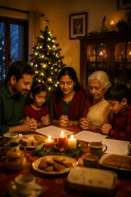 Indian Family Praying by Christmas Tree