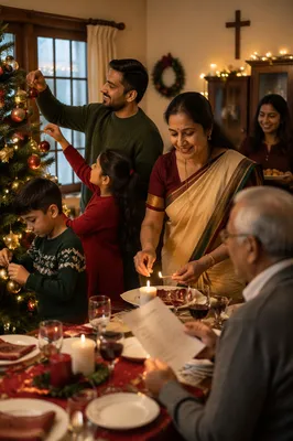 Indian Family Decorating Christmas Tree at Home