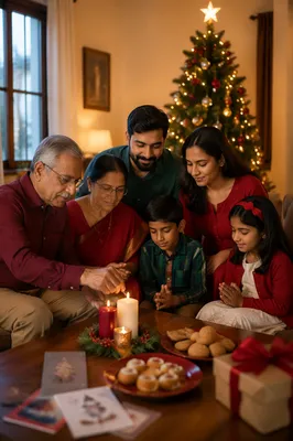 Indian Family Praying by Christmas Tree