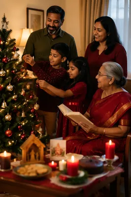 Indian Family Decorating Christmas Tree Together