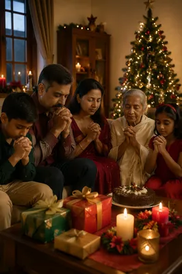 Indian Family Praying at Christmas Tree